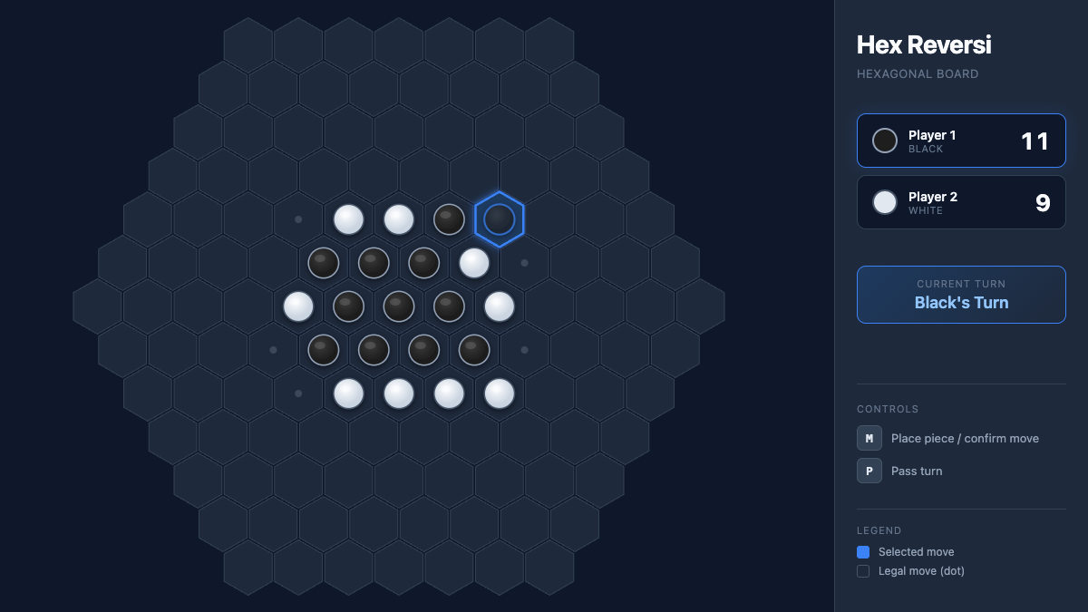 Hex Reversi game board mid-game